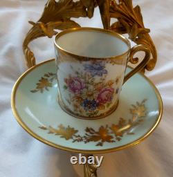 Tasse à demi-café et soucoupe antiques DW Karls Baden Wert Abert Belgique sur support Cupid Stan