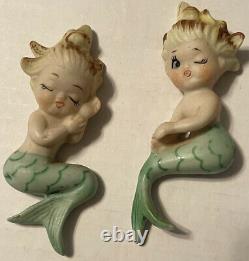 Vintage Bisque Ceramic Petites Sirènes Suspendus Muraux Japon Ensemble De Deux