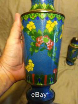 Vintage Brass Chine Chinois Cloisonné Paire De Deux Asiatiques Vase Vases Urnes Bleu Set