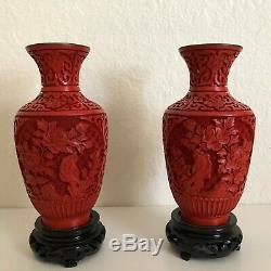 Vintage Chinois Sculpté À La Main Rouge Cinabre Laque Vase Ensemble De Deux