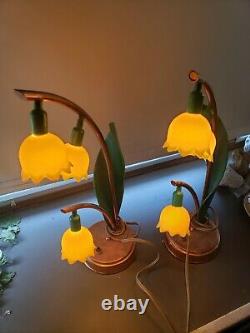 Vintage Muguet Astrolamp Lampe De Table 3 Set Fleurs Jaunes De Deux Rare