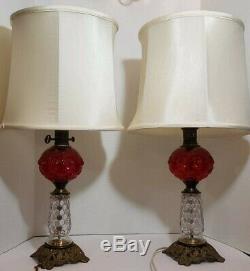 Vintage Set Of Two Paul Hanson Red Cranberry Bubble Verre Et Laiton Lampe De Table