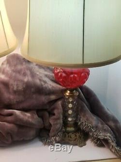 Vintage Set Of Two Paul Hanson Red Cranberry Bubble Verre Et Laiton Lampe De Table