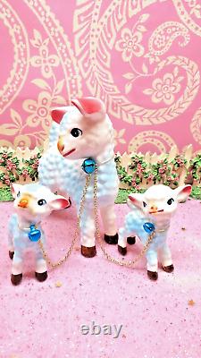 Vtg Anthropomorphic Pastel Blue Lambs Blue Bells Set De Trois Mama Deux Lambs