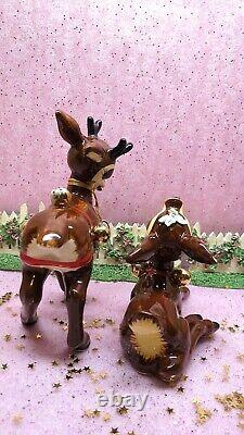 Vtg Napco Chère Et Chère Jingle Bell Reindeer Set De Deux Avec Tags Gold Bells
