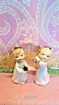 Vtg Set Two Dancing Christmas Angels Gold Stars & Wand Tulle Fabric Wings